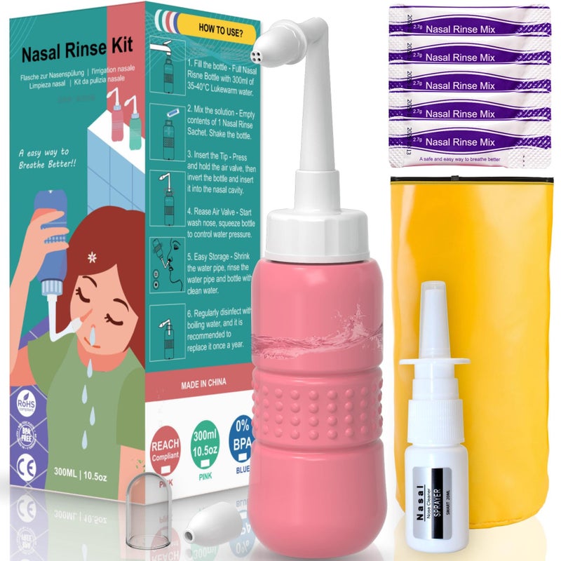 طقم شطف الجيوب الأنفية من TONELIFE 300 مل + 5 عبوات ملح أنفي - عبوات ملح شطف الأنف - منظف الأنف - وعاء نيتى مع عبوات ملح مسحوقة مريحة للبالغين والأطفال، وردي